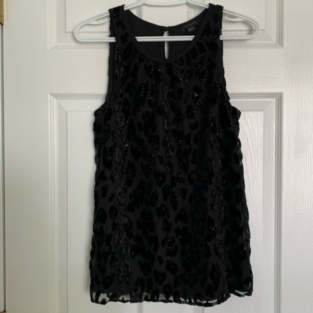 Ann Taylor Sleeveless Black Velvet Leopard Lined
Tunic Blouse women's size small